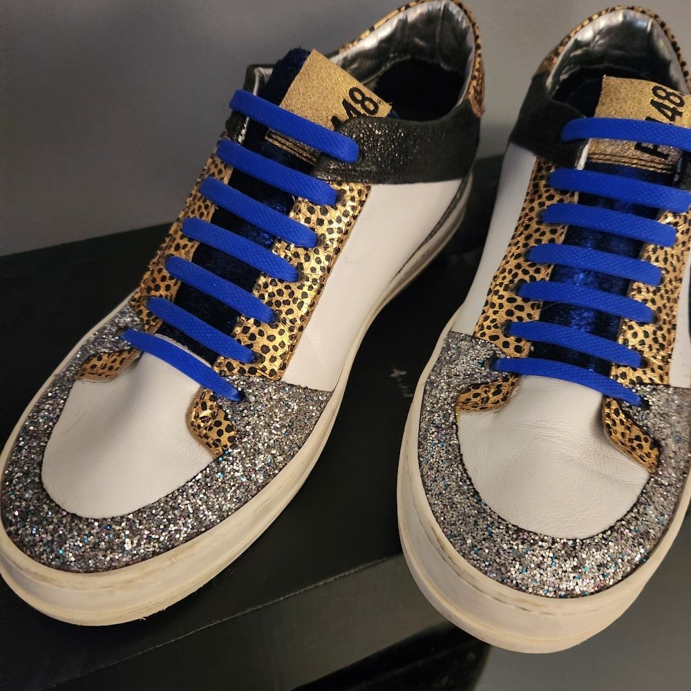 P448 Women's Queens Italian Leather & Glitter Sneakesr 39 White Pearl Multi $289